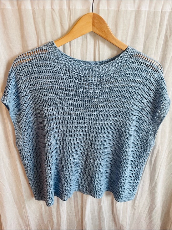 Max Studio Tops - Sky Blue Open-Knit Short Sleeve Top